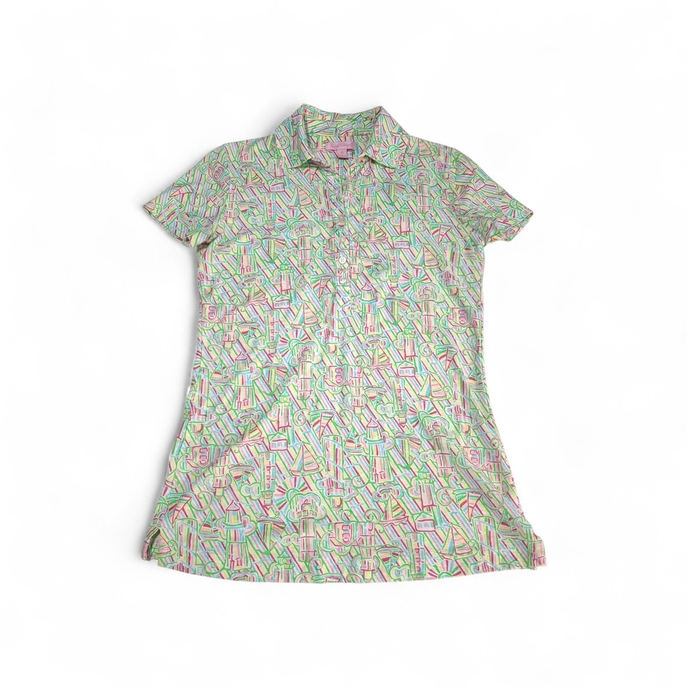 Lilly Pulitzer Printed Polo Shirt in Mint, Pink & White Xs